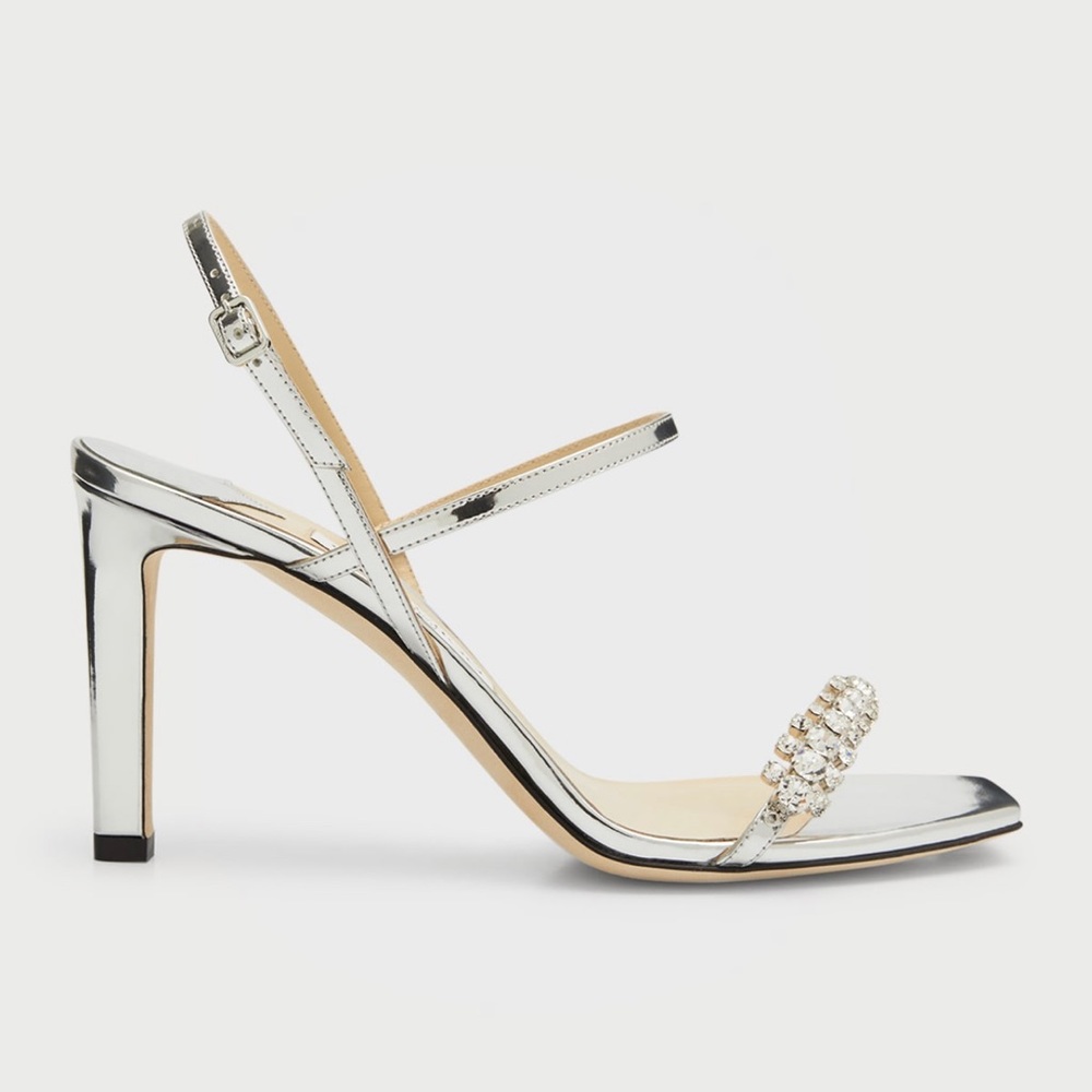 Jimmy Choo Meira 85 Embellished High Heel Slide Sandals Silver/Crystal size 37